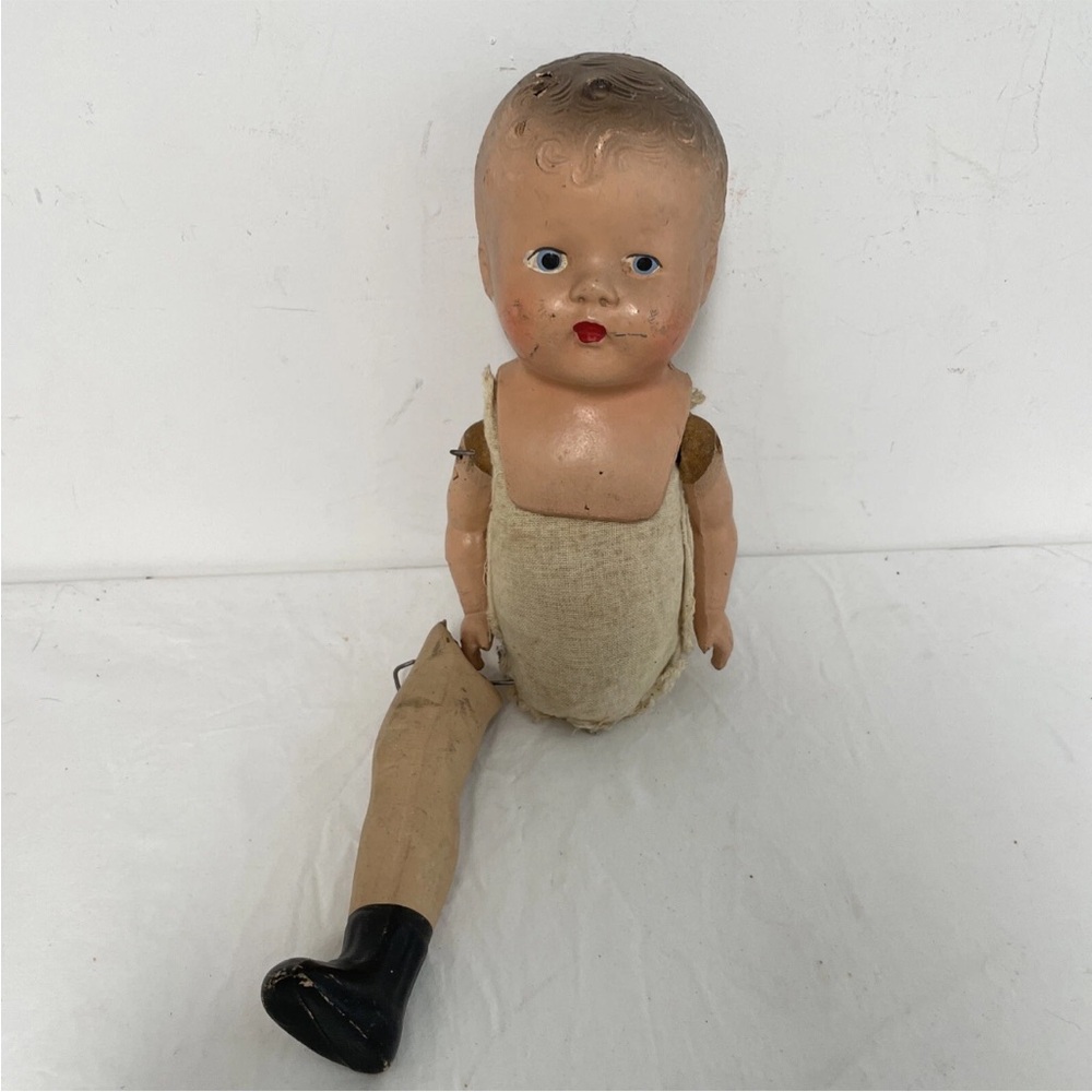Creepy Antique DOLL 14” Jointed Body Composition Baby Doll Painted Blue Eyes